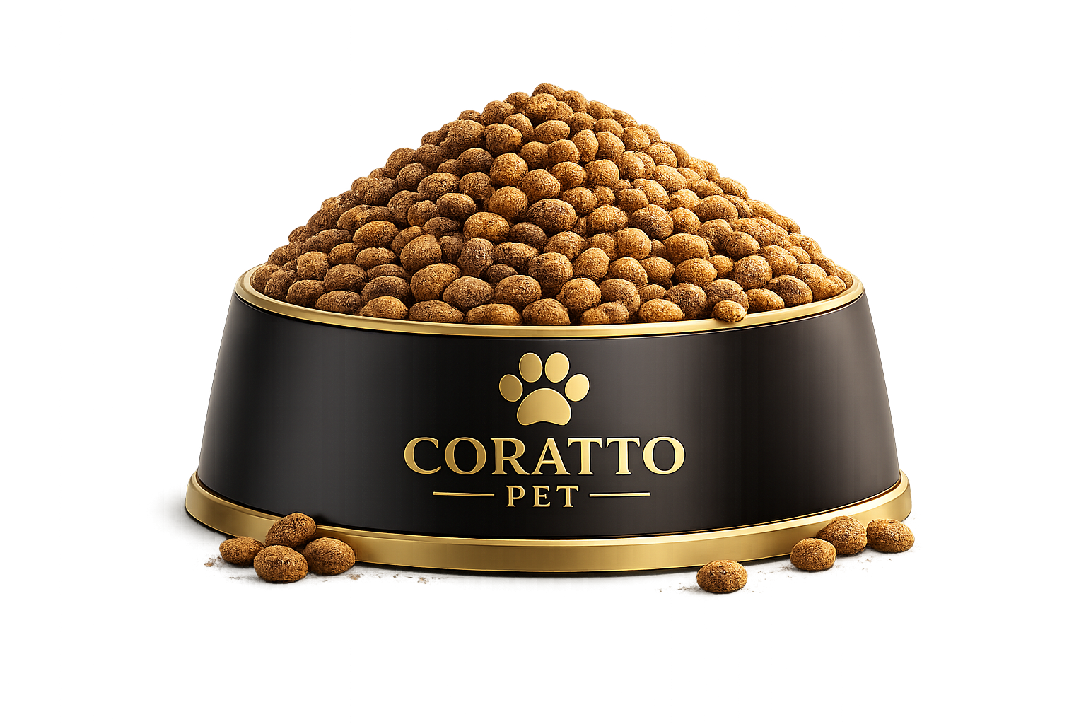 Plato Coratto Pet lleno de alimento con algunos pellets alrededor